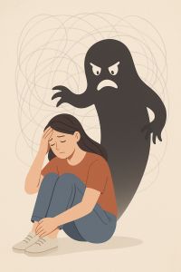 Frau, die von einem Angstmonster beherrscht wird. Hypnose kann helfen, ihre Ängste und Phobien zu überwinden..